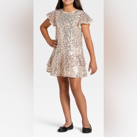 Cat & Jack Other - Girls Short Sleeve Sequin Dress-Gold L(10/12)